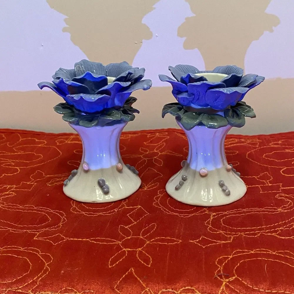 Lot of 2 VTG Blue Rose Porcelain Candlestick Holders One Perfect, One Lil Damage
